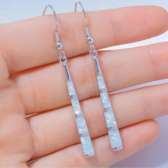 14K White Gold with Genuine White Fire Opal Dangling Hook Tapered Bar Earrings - Picture 2 of 5
